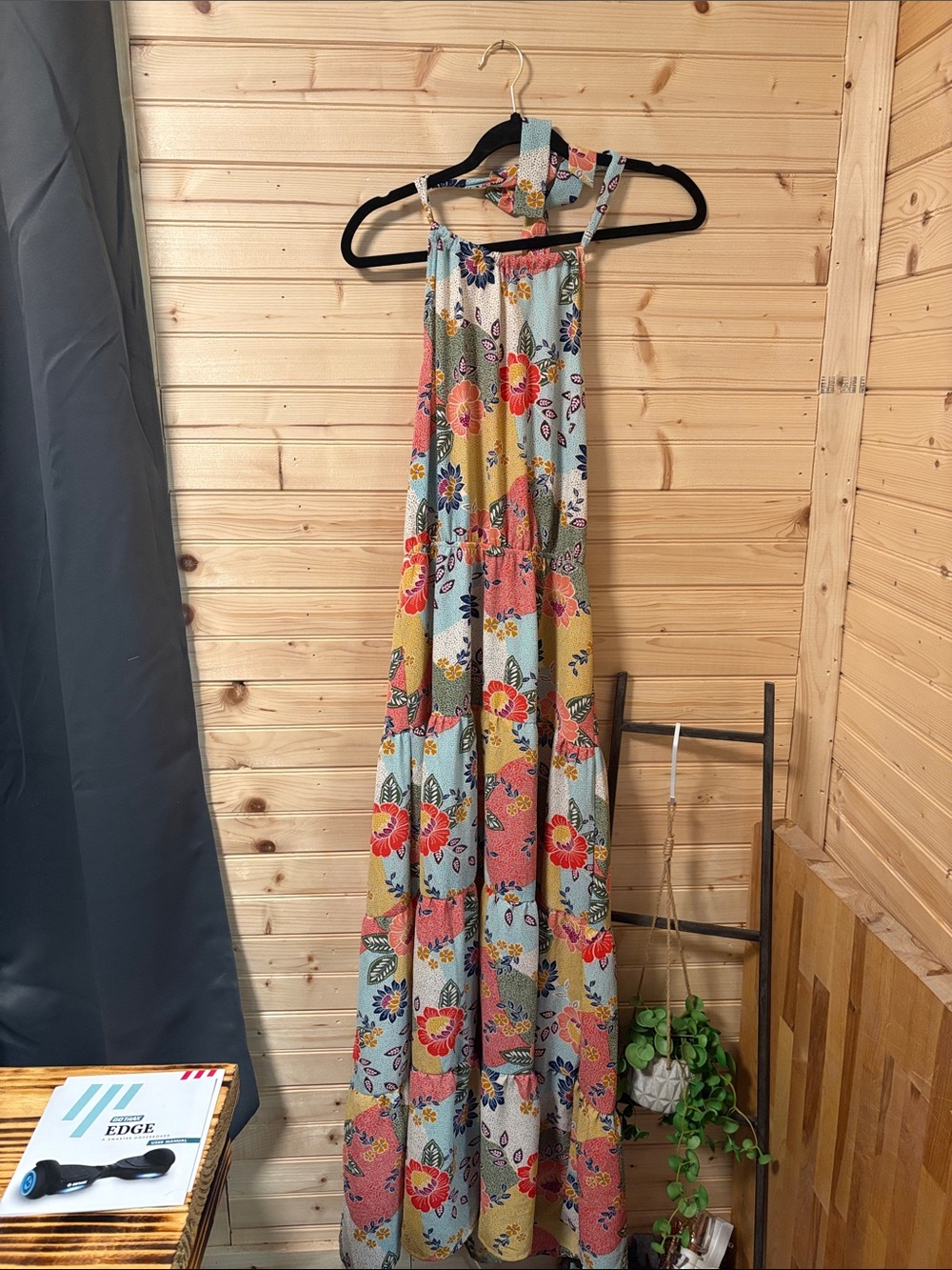 Monteau Light Blue Floral Halter Maxi Dress with Coral & Yellow Blooms